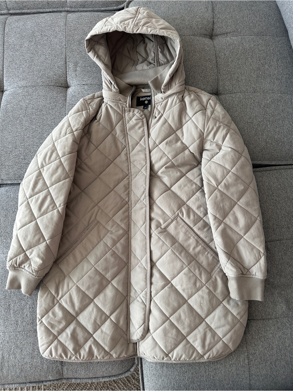 kensie Quilted Hooded Puffer Coat in Light Beige